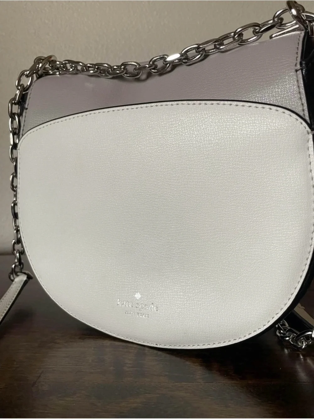 Kate Spade 2-Tone Gray/White Crossbody Chain Saddlebag Purse with Heart Clasp